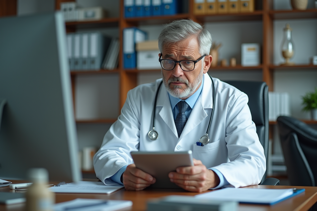 Medecin en bureau hospitalier regardant son ecran