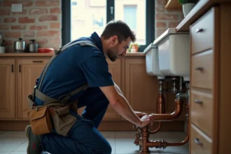 Plombier professionnel intervenant sous un évier dans un appartement de Roubaix, vue grand angle du chantier