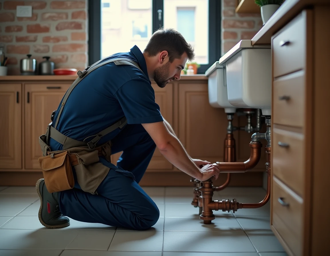 Plombier professionnel intervenant sous un évier dans un appartement de Roubaix, vue grand angle du chantier
