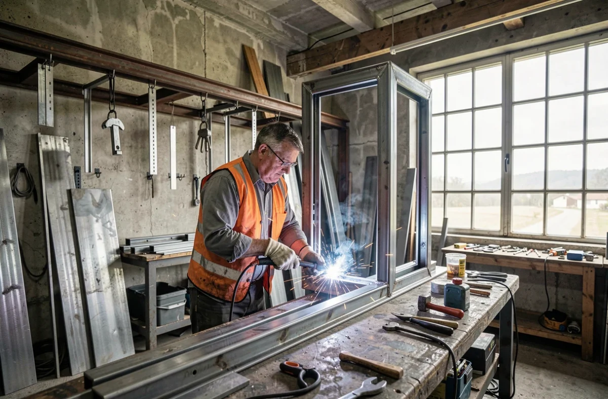 Artisan métallier-serrurier travaillant sur une structure métallique dans l'atelier de Menuiserie AB-PREMétallerie à Dompierre-les-Ormes