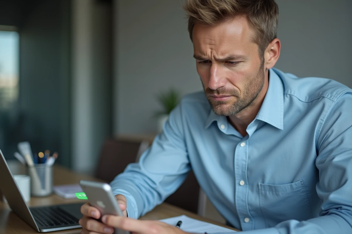 Homme en bureau analysant un message WhatsApp provenant d'un numéro marocain +212