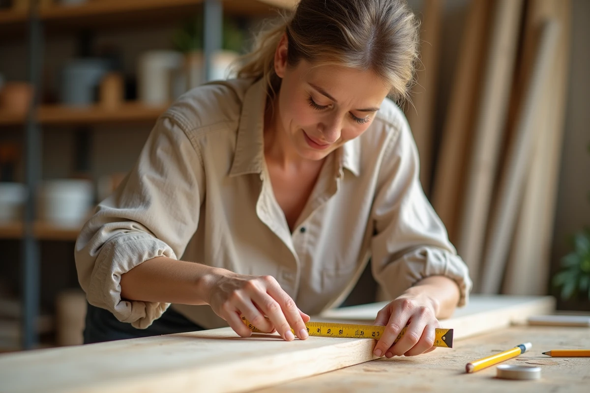 Femme mesurant une planche en bois avec une règle double échelle centimètres et pouces dans un atelier domestique