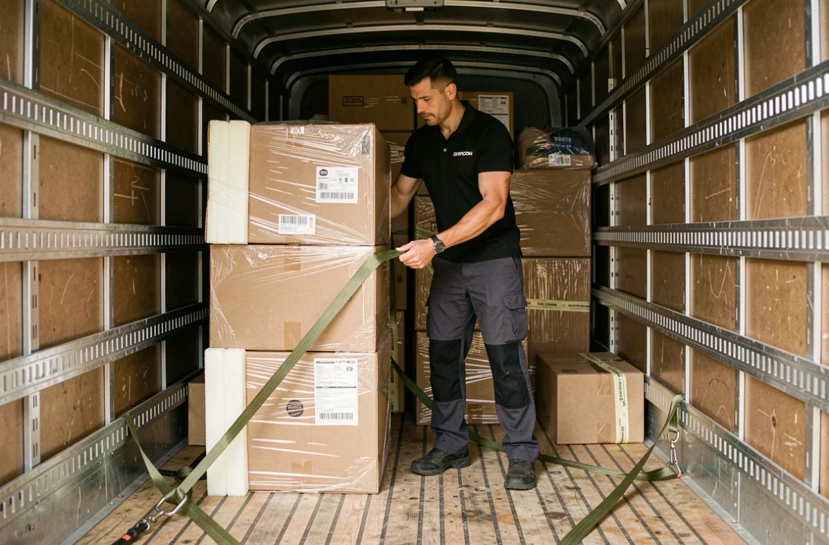 Déménageur Move Master organisant des cartons à l'intérieur d'un camion de déménagement