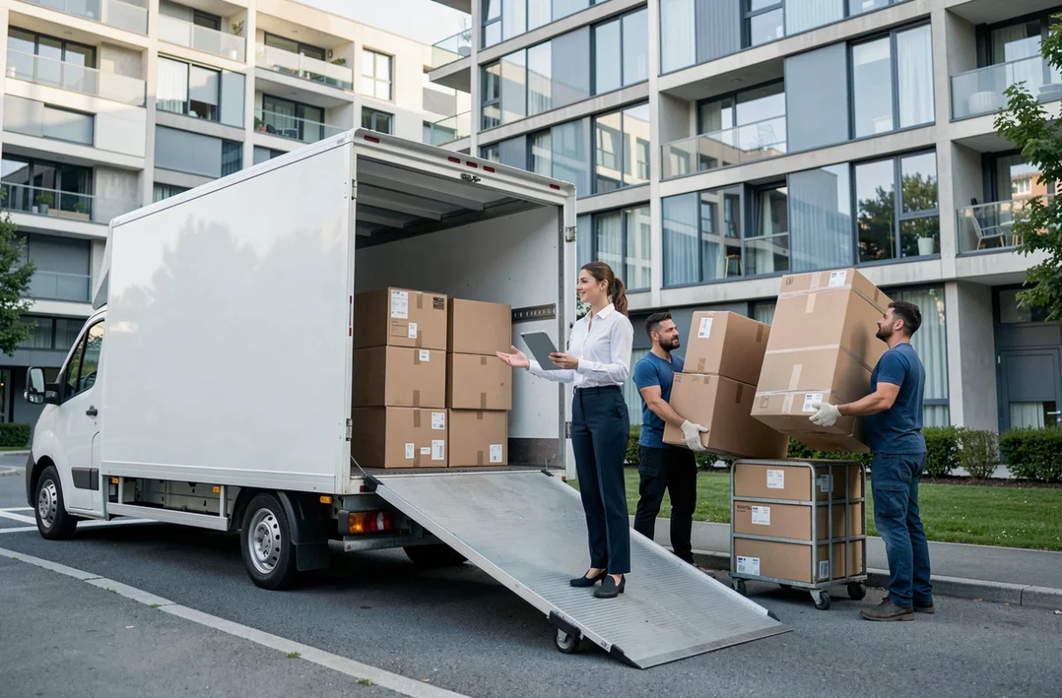 Coordinatrice de déménagement supervisant le chargement d'un camion moderne devant un immeuble contemporain