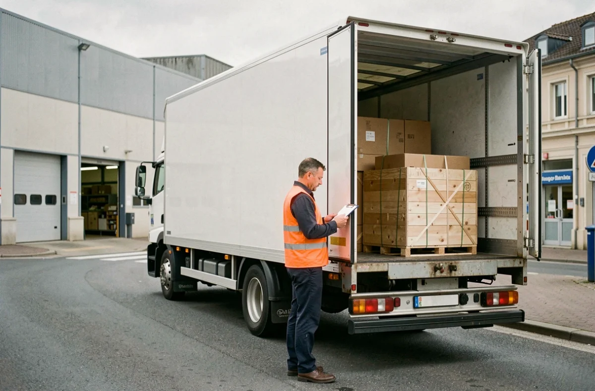 Chauffeur Nostop Transports vérifiant un inventaire près d'un camion de transport ouvert