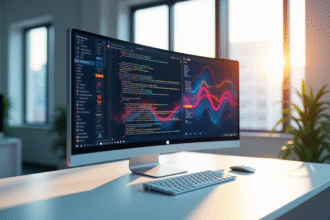 Ordinateur moderne sur bureau lumineux avec code coloré
