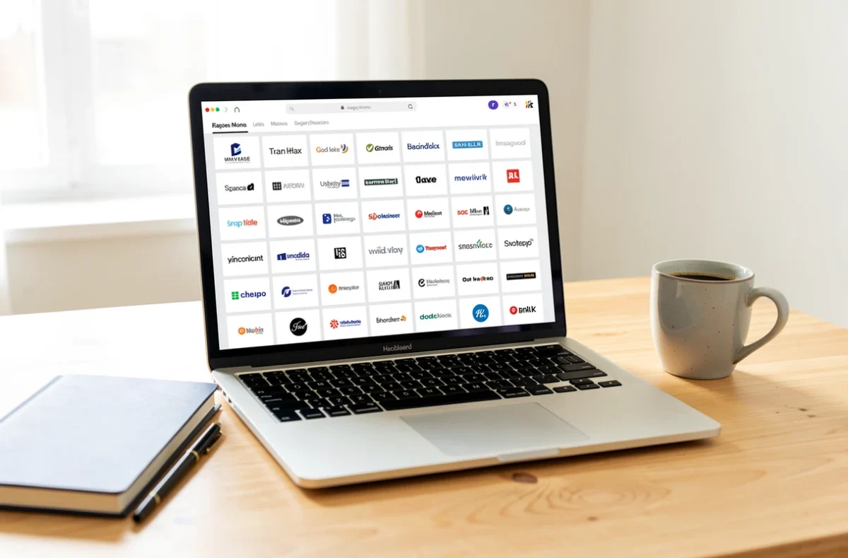 Ordinateur portable affichant une liste de noms d'entreprise sur un bureau