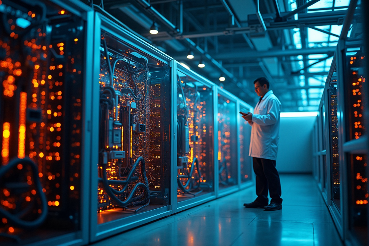 ordinateur quantique dans un laboratoire hightech avec scientifiques