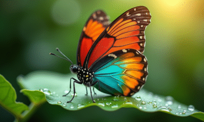 Papillon coloré posé sur une feuille avec gouttes de rosée