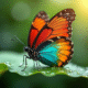 Papillon coloré posé sur une feuille avec gouttes de rosée
