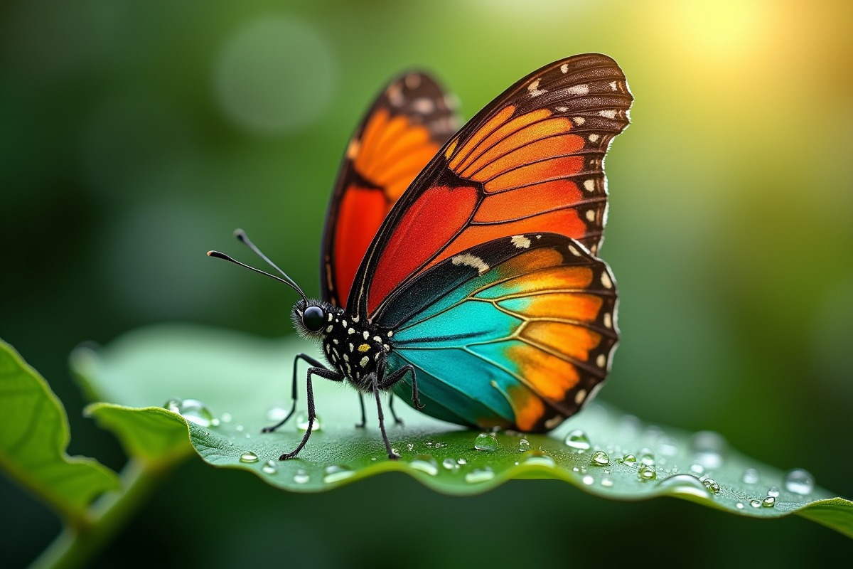 Papillon coloré posé sur une feuille avec gouttes de rosée
