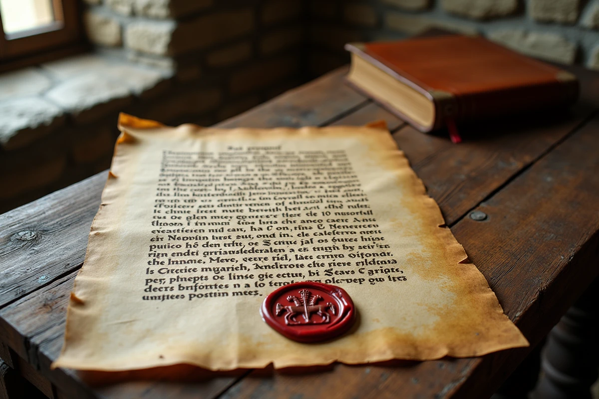 Parchemin médiéval avec texte latin manuscrit et sceau de cire rouge des Templiers posé sur une table en chêne
