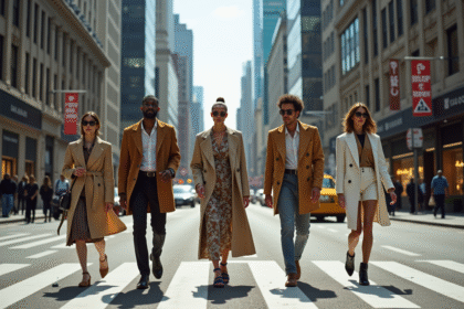 Groupe de personnes élégantes traversant une rue animée en ville