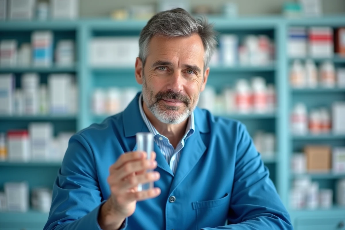 Pharmacien en blouse bleue lisant une mesure en millilitres sur un cylindre gradué transparent dans une pharmacie