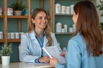 Pharmacienne souriante aidant une cliente à la pharmacie