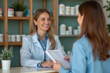 Pharmacienne souriante aidant une cliente à la pharmacie