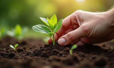 Main plantant une passiflore dans sol humide en plein jour