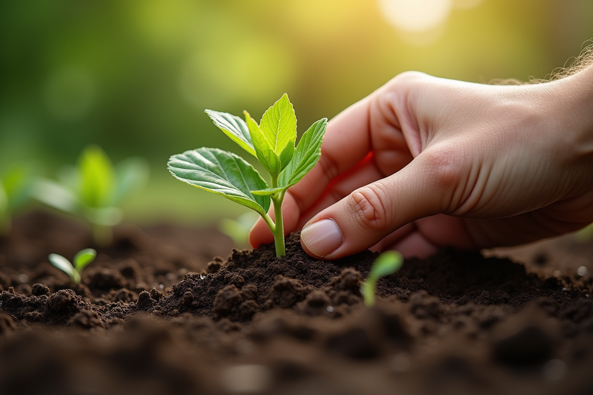 Main plantant une passiflore dans sol humide en plein jour