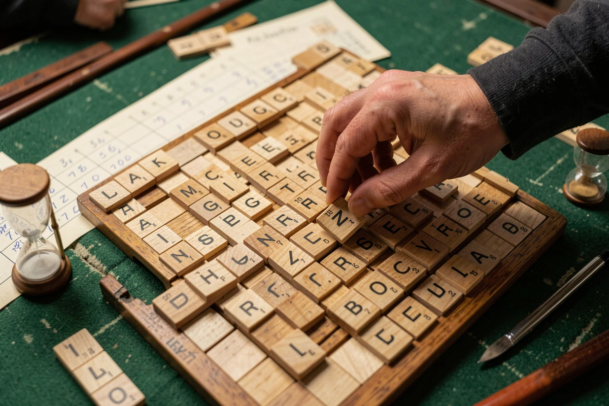Gros plan sur un plateau de Scrabble homologué avec des tuiles en bois et une feuille de score lors d'un tournoi ACE officiel