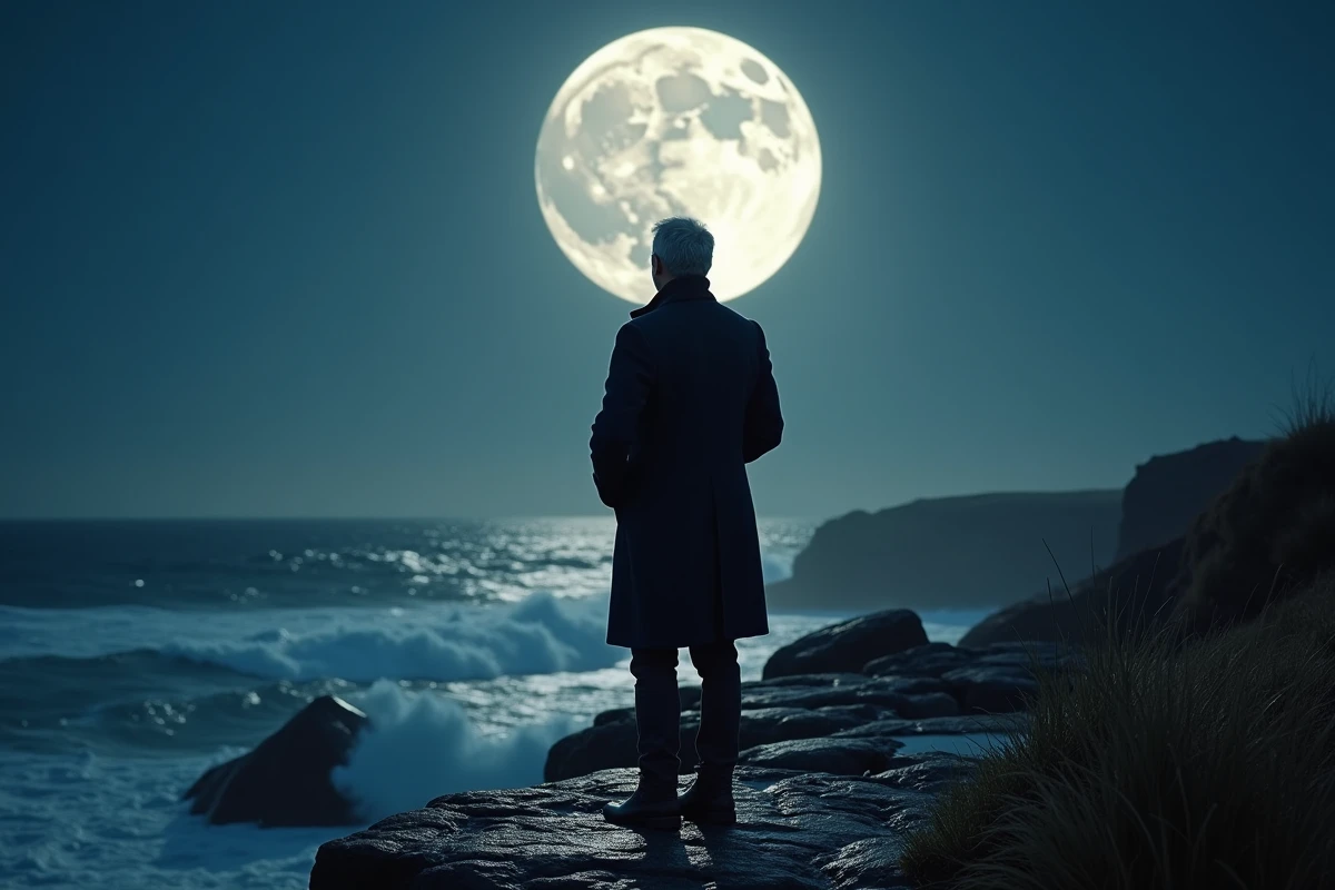 Homme contemplant la pleine lune de novembre depuis une falaise côtière dans une atmosphère de chemin de vie et de karma