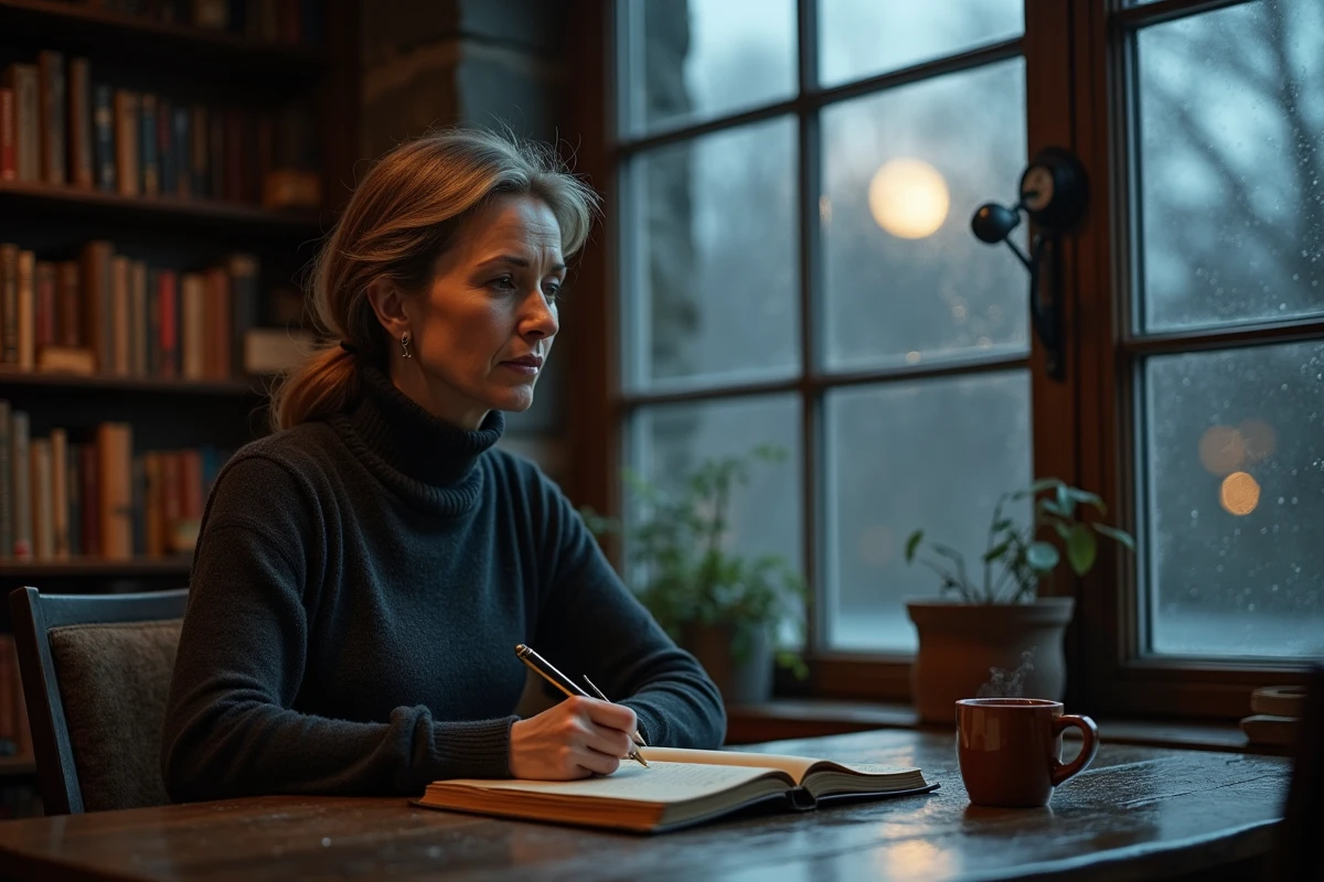 Femme écrivant dans un journal intime sous la lumière de la pleine lune de novembre dans une bibliothèque chaleureuse évoquant la réflexion karmique