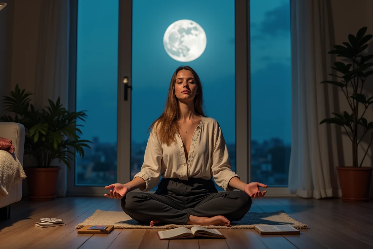 Femme en méditation sous la pleine lune de novembre entourée de cartes de tarot et d'un journal de développement personnel