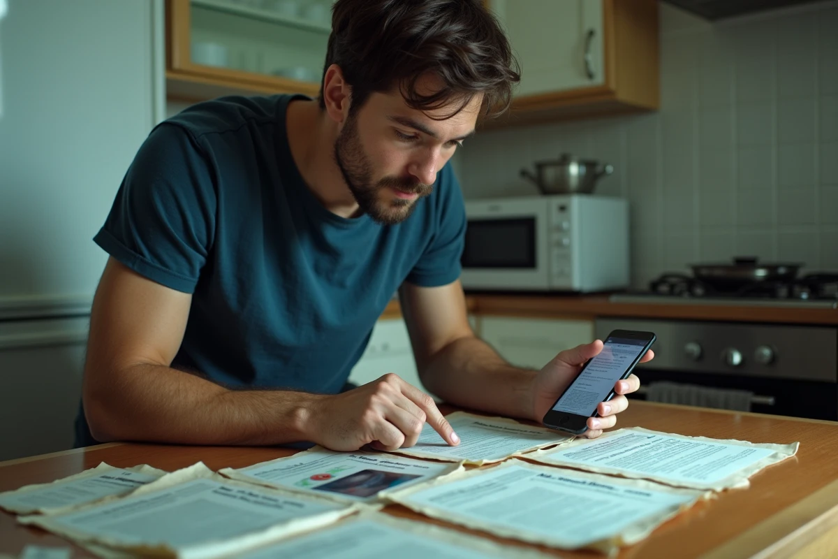 Homme consultant des archives imprimées d'anciens Skyblogs sur une table de cuisine avec son smartphone