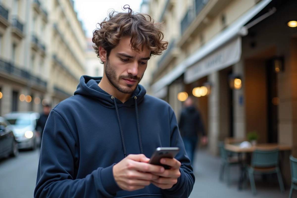 Jeune homme dans la rue consultant un site de recherche inversée de numéro mobile sur son téléphone