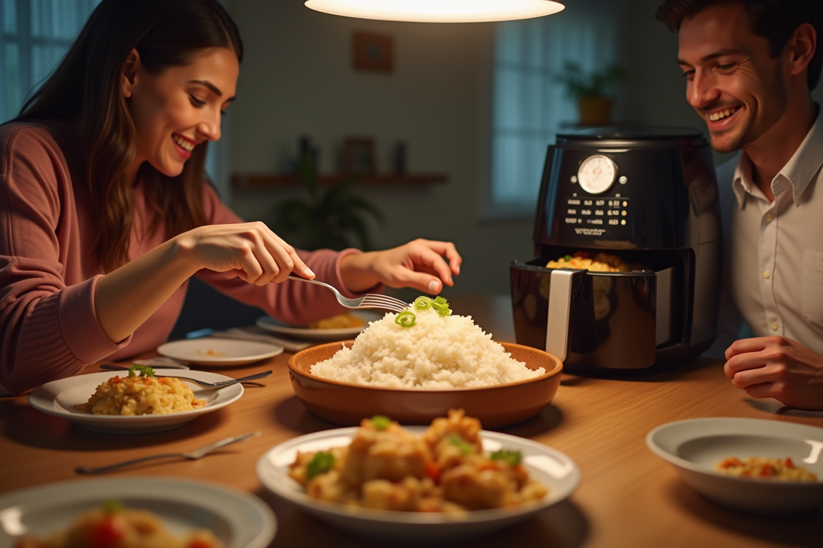 Famille autour d une table avec une friteuse Ninja ouverte