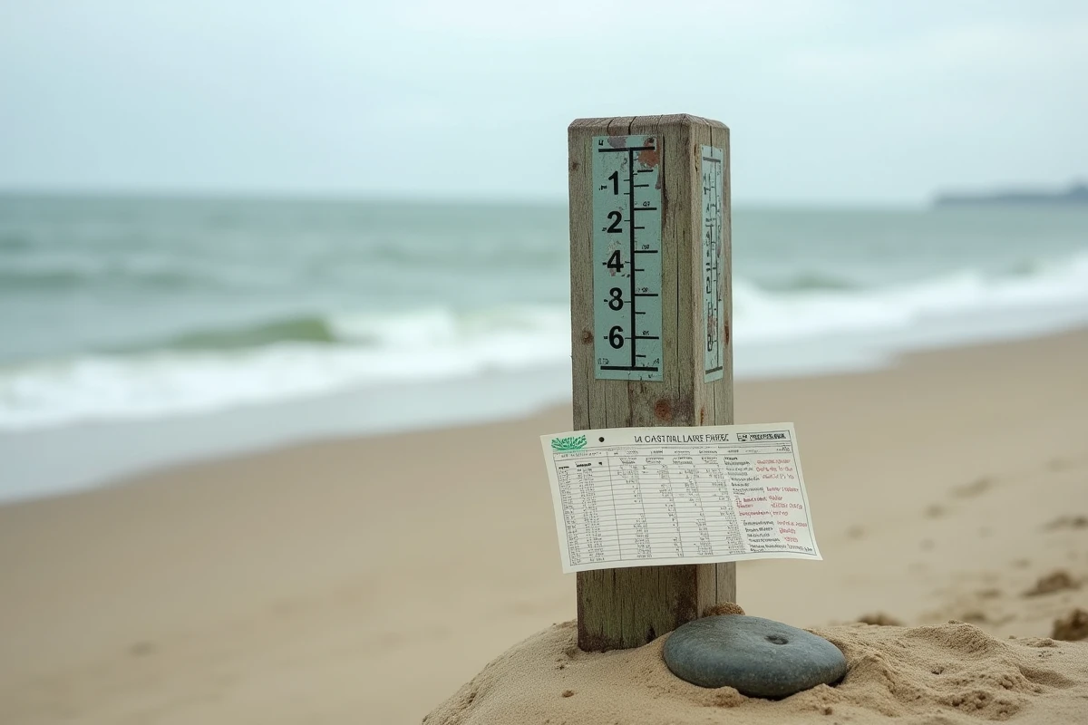 Repère de marée et table des horaires sur la plage de Saint-Hilaire-de-Riez illustrant les coefficients de marée