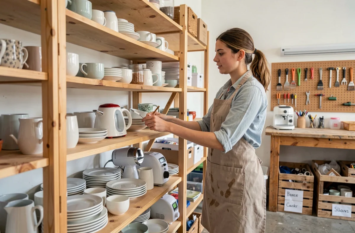 Employée de la Ressourcerie du Calaisis arrangeant des objets recyclés sur des étagères en bois dans un atelier lumineux