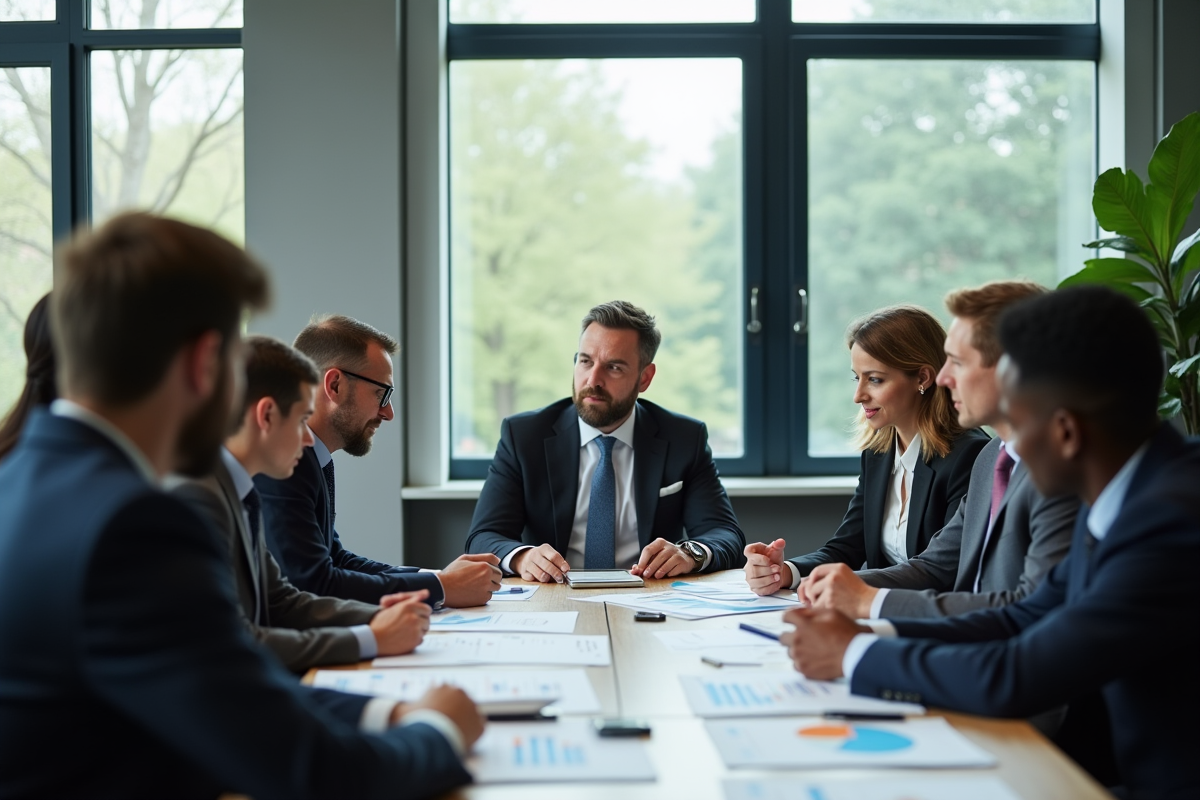 Réunion d'affaires avec professionnels divers en discussion