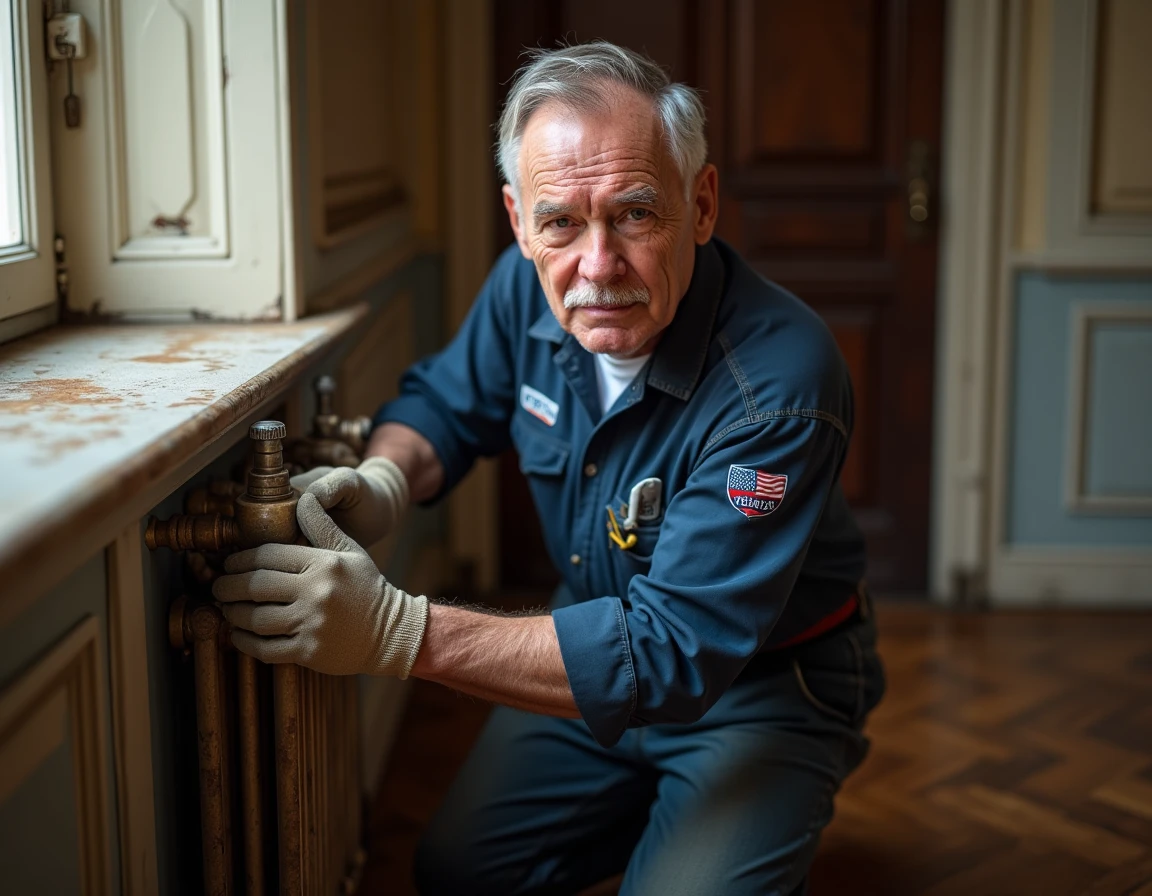Plombier de la SARL Roger Meersschaert remplaçant un robinet de radiateur fonte dans une maison ancienne