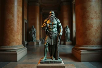 Sculpture en bronze de Vulcain, dieu romain de la forge, exposée dans un musée d'histoire naturelle aux colonnes classiques