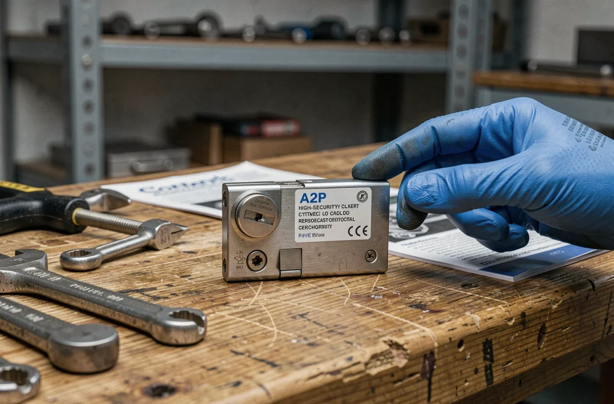 Cylindre de serrure avec label de certification A2P posé sur un établi, entouré d'outils de serrurier