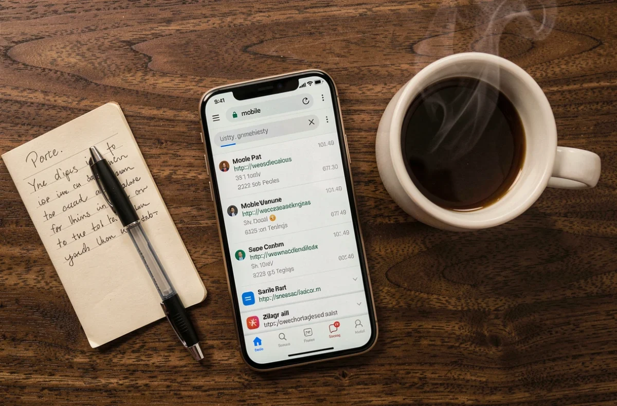 Vue du dessus d'un smartphone affichant un historique de navigation posé sur un bureau en bois avec carnet et stylo
