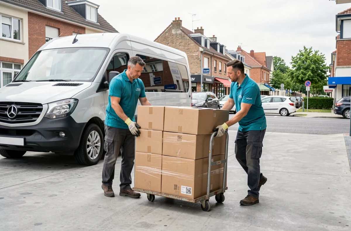 Équipe Smoove utilisant un diable pour charger des cartons sur un quai de chargement urbain