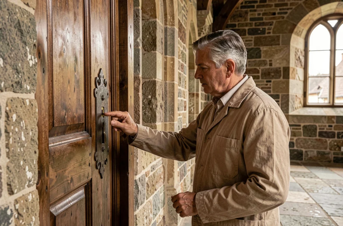 Serrurier inspectant une serrure ancienne sur une porte en bois massif d'un bâtiment historique en pierre de Bourgogne-Franche-Comté