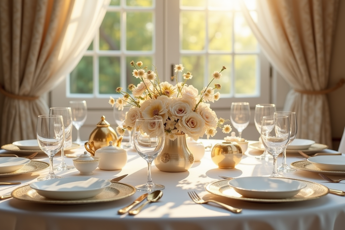Table élégante pour anniversaire de diamant avec décoration or et blanc