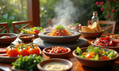 Table pierrade avec légumes et sauces colorées