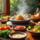 Table pierrade avec légumes et sauces colorées