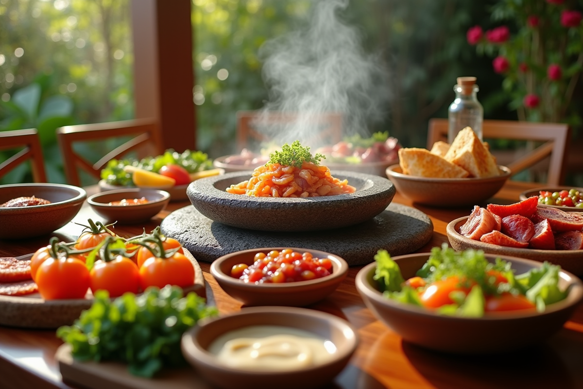 Table pierrade avec légumes et sauces colorées