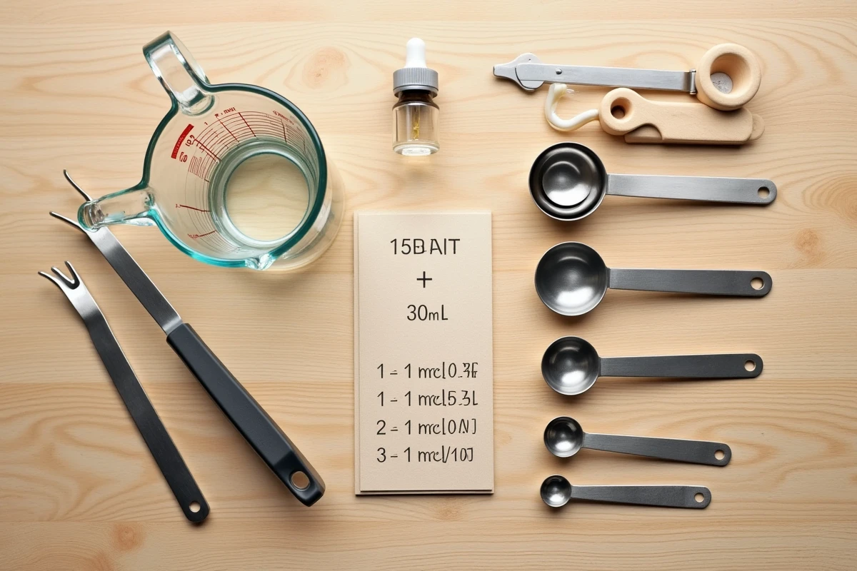 Vue de dessus d'un ensemble de cuillères doseuses, d'un verre gradué et d'une fiche de conversion ml posés sur une table en bois clair