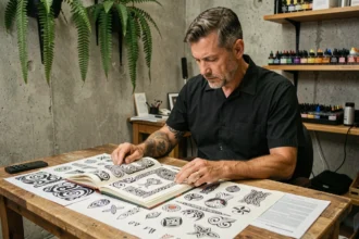 Tatoueur polynésien consultant un dictionnaire de symboles traditionnels dans son studio