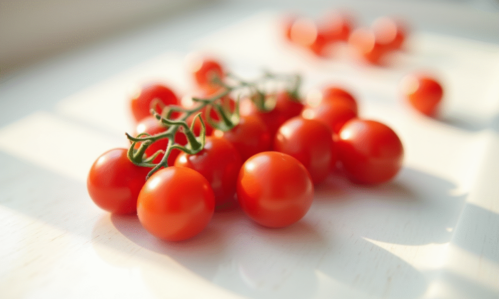 Tomates cerises éparpillés sur un plan de travail blanc