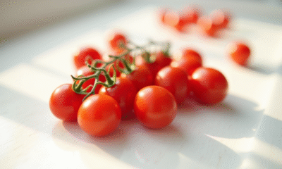 Tomates cerises éparpillés sur un plan de travail blanc