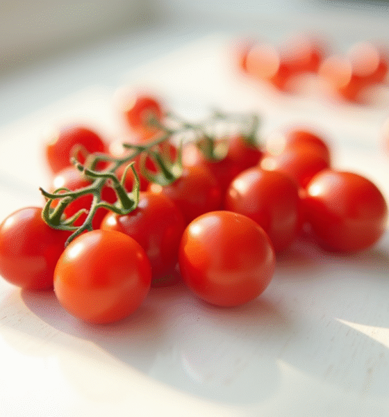 Tomates cerises éparpillés sur un plan de travail blanc