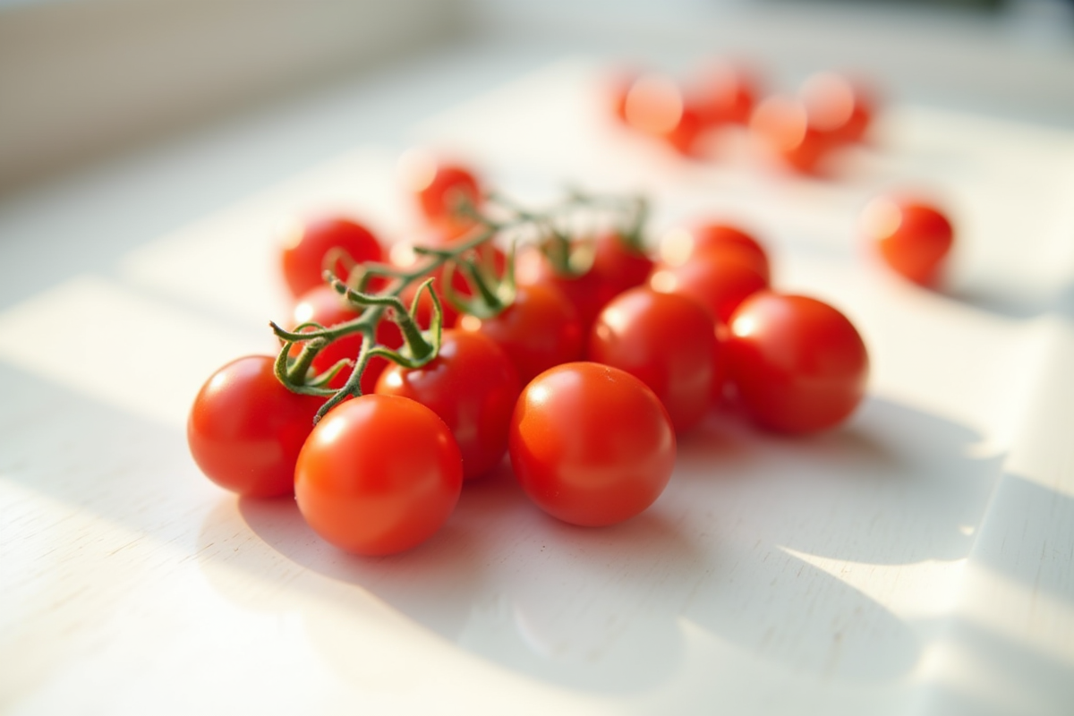 Tomates cerises éparpillés sur un plan de travail blanc