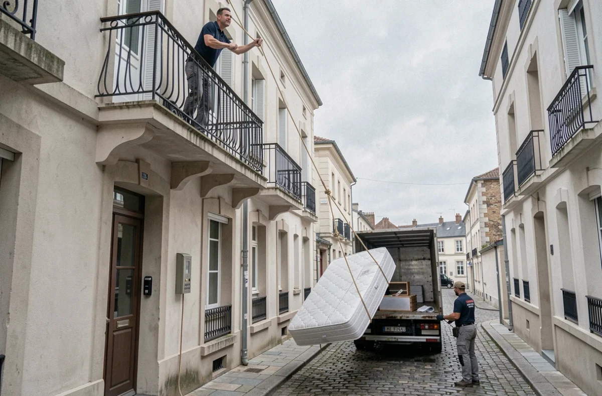 Opération de débarras d'un appartement avec descente d'un matelas par corde depuis un balcon sur rue pavée