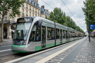 Tramway ligne 2 de Nantes à l'arrêt dans une station moderne avec passagers à bord et affichage numérique sur le quai